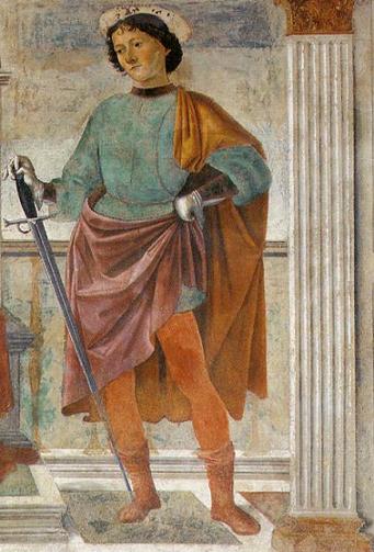 Young man with halo wearing turquoise, orange and purple robes leaning on sword in a marble interior.