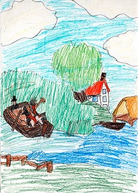 Student artowrk in colored pencil of a country landscape with a boat, a river, buildings, and clouds