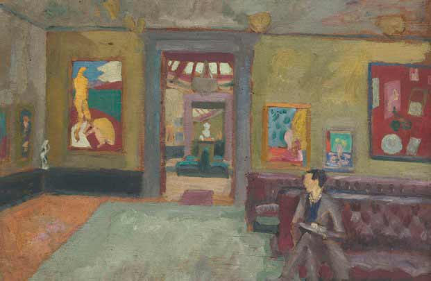 Seated man in the Large Gallery of the Grafton Galleries looking over his right shoulder at Henri Matisse paintings in the Second Post-Impressionist Exhibition, London, 1912.