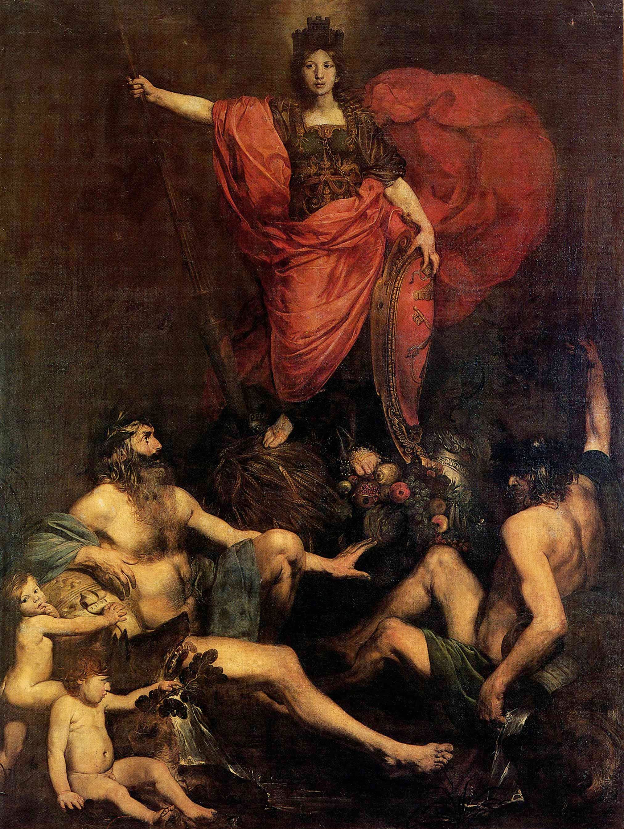Young woman in red robes holing a shield and lance flanked by two older men and two children.