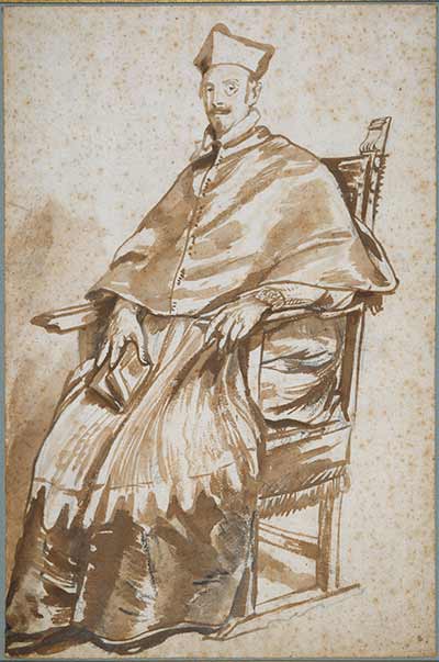 brown ink drawing of man seated in robes with pointed hat