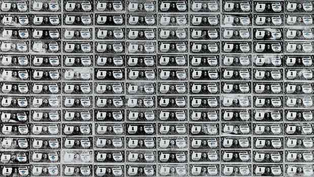 Black and while oblong silkscreen image of 200 American dollar bills set into a grid pattern.