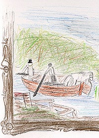 Student artwork in colored pencil of two figures and a horse in a boat in a river