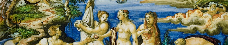 Maiolica dish with The Judgment of Paris after Raphael, Fontana workshop, c. 1565, tin-glazed earthenware, The Frick Collection, gift of Dianne Dwyer Modestini in memory of Mario Modestini