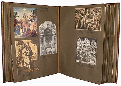 Scrapbook assembled by Helen Clay Frick (1888-1984) following her 1923/24 trip to Italy. The image on page right shows Cimabue's Santa Trinita Madonna (Uffizi Gallery, Florence). The Frick Collection / Frick Art Reference Archives