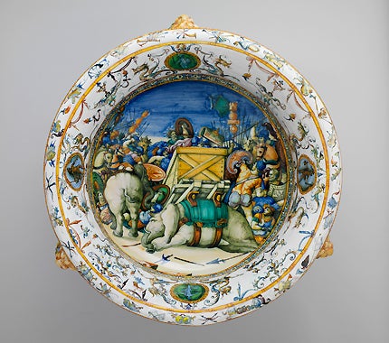 Basin (wine cooler), Battle with Elephants  Urbino, c. 1565–75  probably the workshop of the Fontana family  The Metropolitan Museum of Art.  Bequest of Michael Friedsam, 1931 