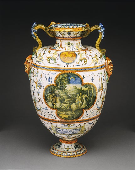 Snake-Handled Vase, with scenes from Amadis of Gaul  Urbino or Turin, c. 1560–70 probably the workshop of Orazio Fontana  Philadelphia Museum of Art. Purchased with the Bloomﬁeld Moore Fund and with other museum funds in 1944 