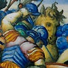 detail of the back of a man with a horse figure in the background