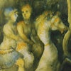 detail of two poeple riding a white horse