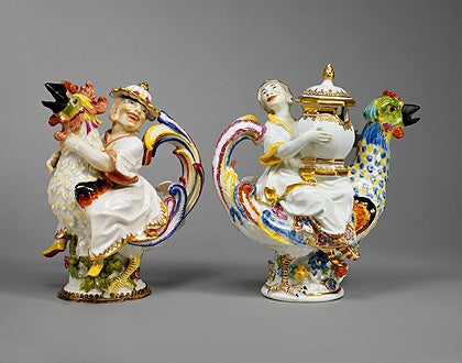 Cruet and Mustard Pot, Meissen porcelain, 1737– 39, modeled by Johann Joachim Kändler, 1933.253; H: 7” (17.8 cm); 1933.254; H: 7 ½” (19.1 cm.) Photo: Maggie Nimkin
