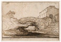 Landscape with a Willow Tree and a Building near a Stone Bridge