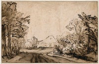 A Road between Trees Leading to a Farmhouse