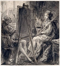 Saint-Aubin, Gabriel de Saint-Aubin Painting an Allegory of Justice, 1768, pen and black and brown inks, black, gray, and brown washes, black chalk, Musée du Louvre, Département des Arts Graphiques, Paris