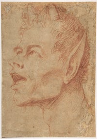 Jusepe de Ribera (c. 1591–1652), Head of a Man with Little Figures on His Head, pen and ink with brush and brown wash over black chalk underdrawing on prepared paper, 6 11/16 x 4 1/16 inches, Philadelphia Museum of Art