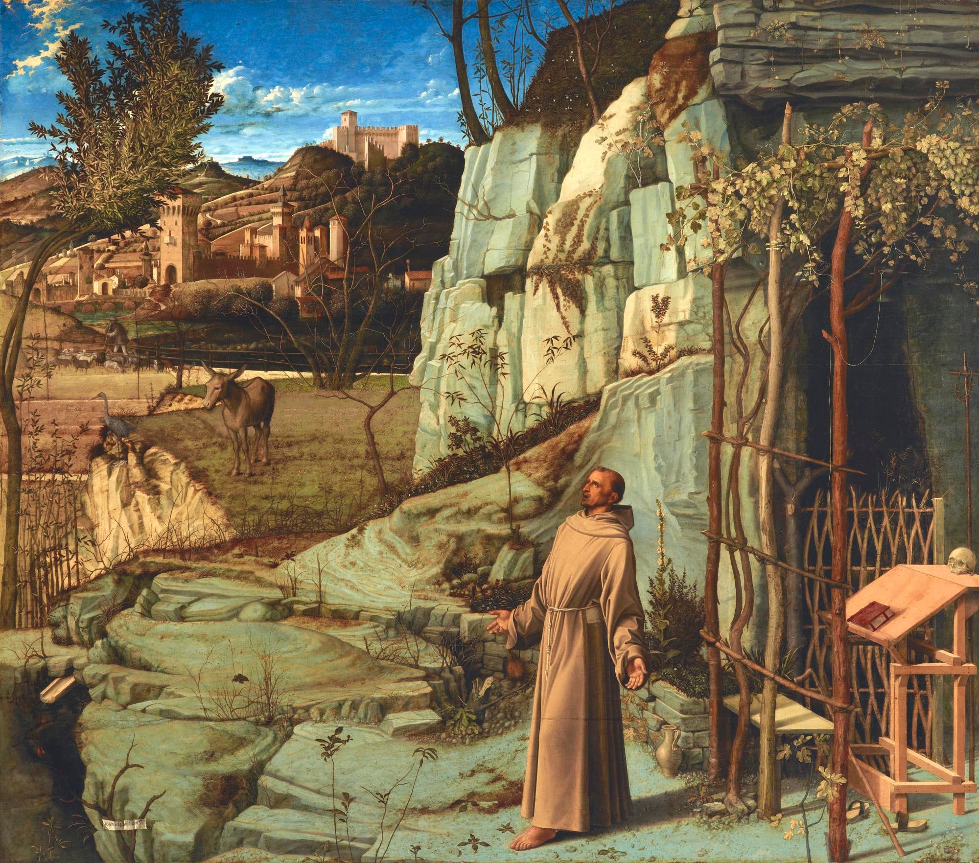 Oil painting of St. Francis in tan robes on a hillside with green rocks, hands open as he looks in awe toward the sky at top left