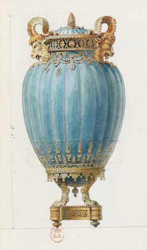drawing representing blue urn with two goat heads on either side