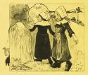 print on yellow paper of girls in dress and caps in bucolic scene 