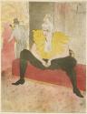 lithograph of seated clown with legs straddled