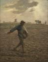 pastel of man striding as he distributes seed