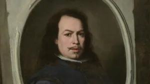 oil painting depicting man with mustache and long hair in oval frame