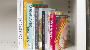 Vertical stack of ten colorful books on a white shelf