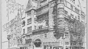 Drawing of a massive townhouse standing on the corner of a busy intersection in mid-century Manhatta