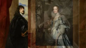 Painting of couple in 17th-century clothing, the woman overlaid with women from other paintings