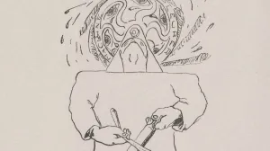 Surrealist composite drawing of a figure with multiple crying eyes sharpening a blade