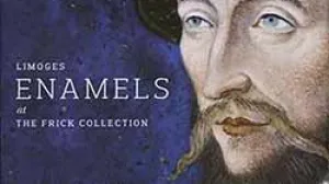 book cover of Limoges Enamels with male with long mustache and hat on blue background