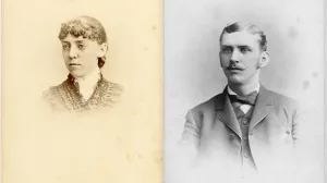 Two photo portraits of a woman, in sepia at left, and a man, in black at white at right