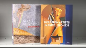 Two books on a shelf with covers featuring blue-and-yellow artworks