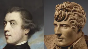 At left a painting detail of a poised British general. At right a young man depicted in terracotta.