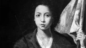 A half-length painting of a young woman wearing a crown and holding an arrow and a standard.