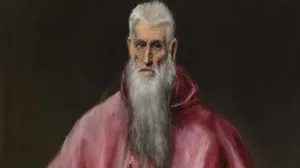 Painted portrait of an old man in red robes standing at a desk with large open 