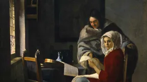 Painting of a woman  seated at a table set near a window with a man handing her a sheet 