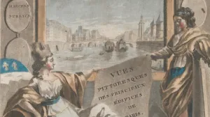 Page with two figures holding a scroll in front of a scene of the Seine River in Paris