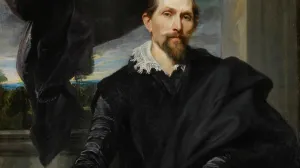 oil painting of bearded man dressed in black with white collar