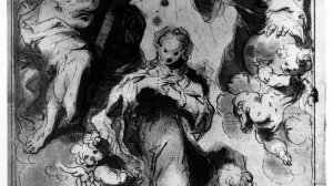 Drawing of a woman supported by small children with wings being crowned by two men.