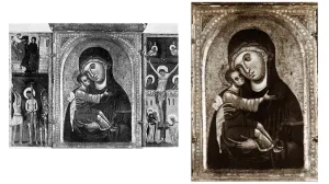 Two photographs of a small devotional altarpiece of the Madonna and Child