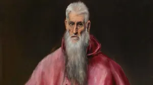 oil painting of man with white beard in pink red cloak