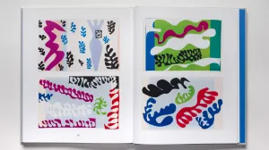 Book spread with abstract artworks featuring colorful squiggles