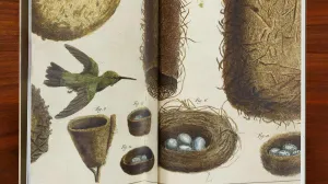 Book open to a spread with an artwork of a flying green bird and nests, some of which hold blue eggs