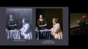 man giving lecture with side by side images on screen