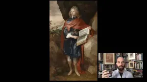 screenshot of Xavier Salomon speaking alongside image of painting of man standing with book