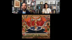 video still of Xavier Salomon and Emma Capron speaking over painting