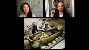 video still of Xavier Salomon and Aimee Ng and image of Egyptian tomb