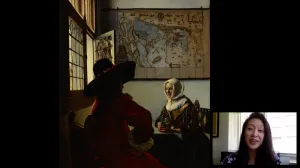 video still of Aimee Ng and oil painting of seated man and woman in front of map