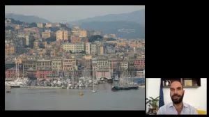 video still of Xavier Salomon and city scene on water
