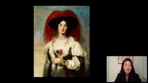 video still of Aimee Ng and panting of woman in red hat