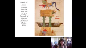 woman giving talk with image of peacock in the background